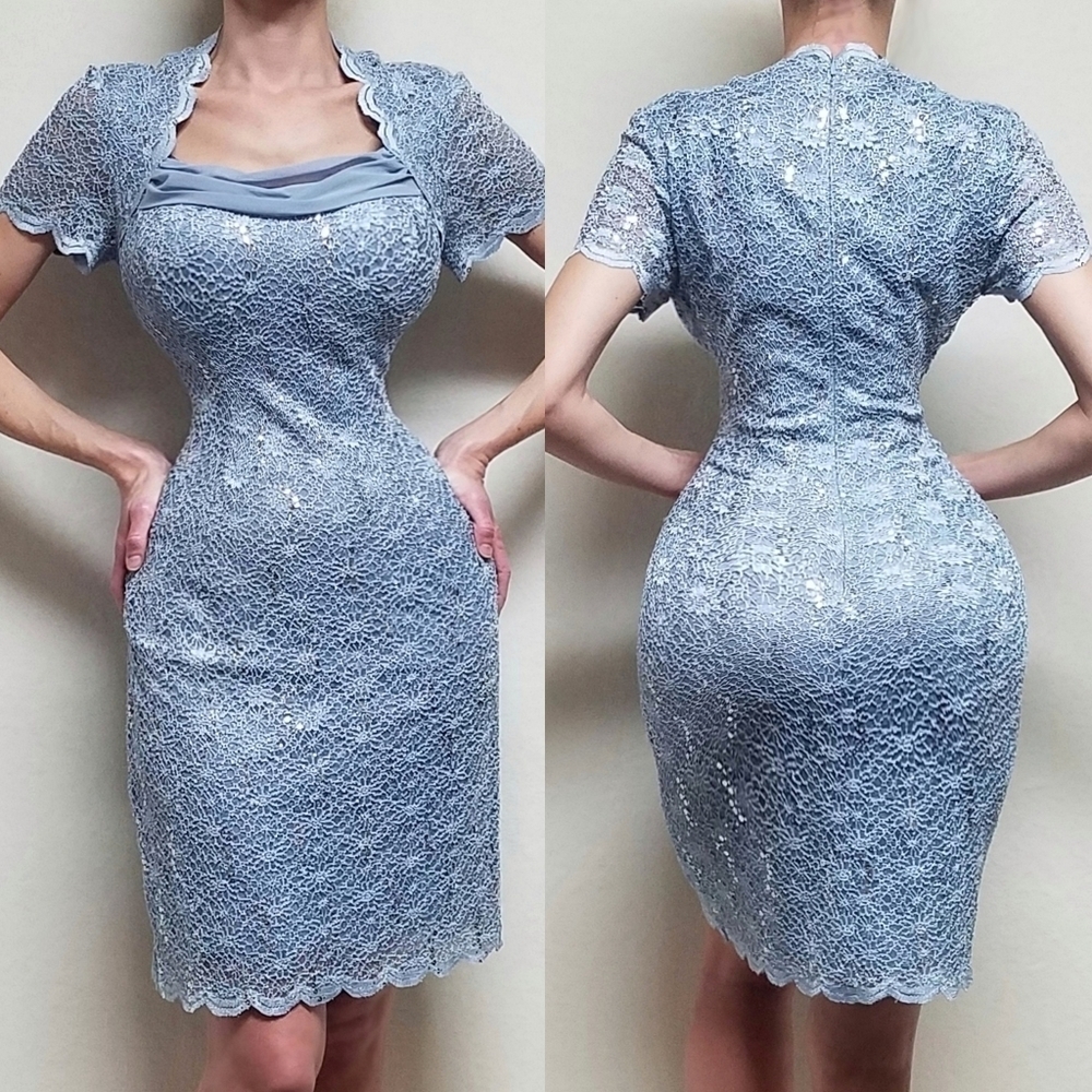 Vintage Alex Evenings Blue Floral Lace Faux Jacket Chiffon Cowl Neck Midi Dress
